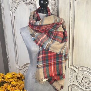 ModCloth Oversized Plaid Fringe Scarf in Red and Tan